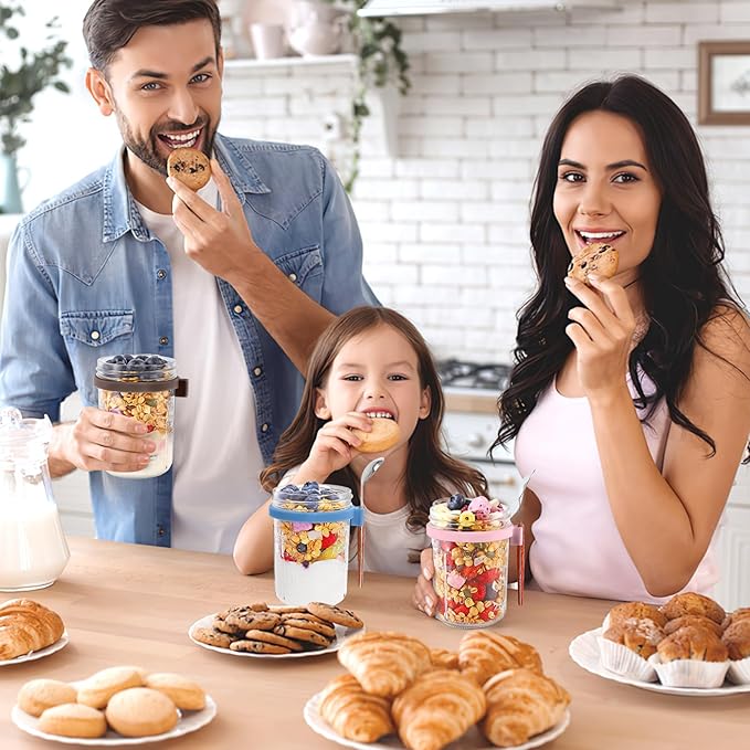 6 Pack Overnight Oats Containers with Lids and Spoons, 16 oz Glass Mason Jars with Airtight Lids, Meal Prep Containers, Overnight Oats Jars for Milk, Cereal, Fruit