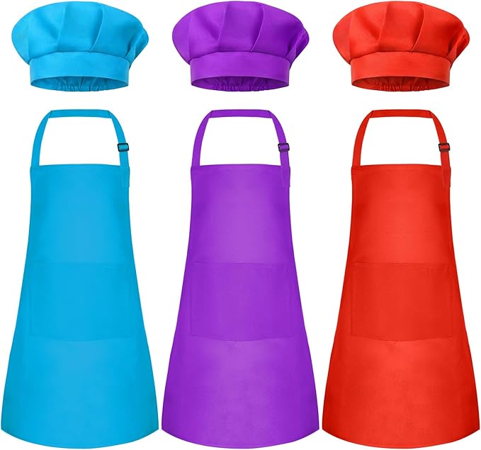 Kids Apron and Chef Hat Set Children Apron Adjustable with 2 Pockets Children Chef Painting for Cooking Baking