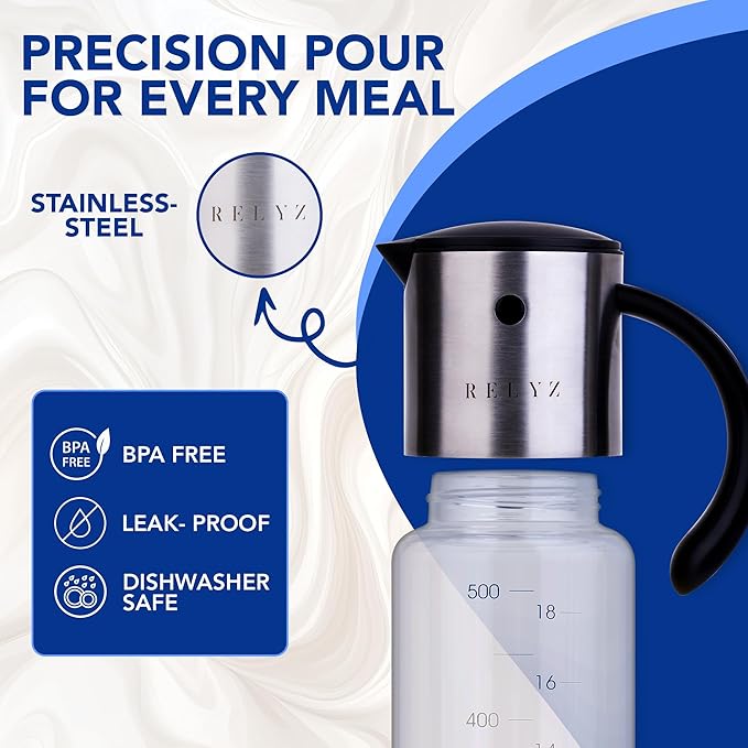 Olive Oil Dispenser Bottle, 12oz Glass Oil Dispenser for Kitchen with Drip-Free Stainless Steel Spout, Leak-Proof, with Measurement Markings for Cooking, Vinegar, & Soy Sauce - Dishwasher Safe