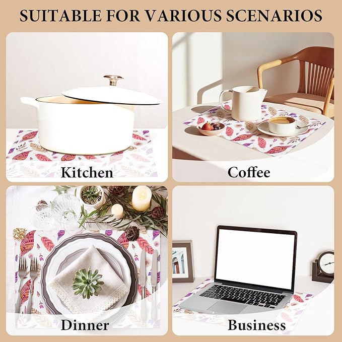 Cotton Linen Waterproof Placemats Set of 4, Feathers Leaves Dining Mat Table Mats Decor Fabric for Kitchen Dinner Coffee Shop Table, Indoor/Outdoor Washable Wipeable Placemat -N024