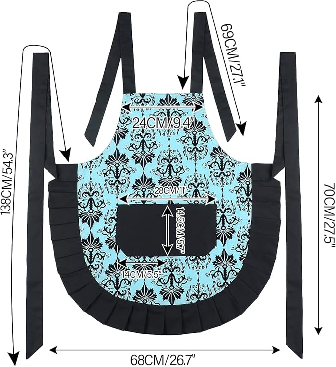 G2PLUS Cotton Vintage Damask Apron for Women, Adjustable Neck & Big Pocket, Blue & Black Cute Ruffle Kitchen & Baking Apron for Christmas Holiday Gift