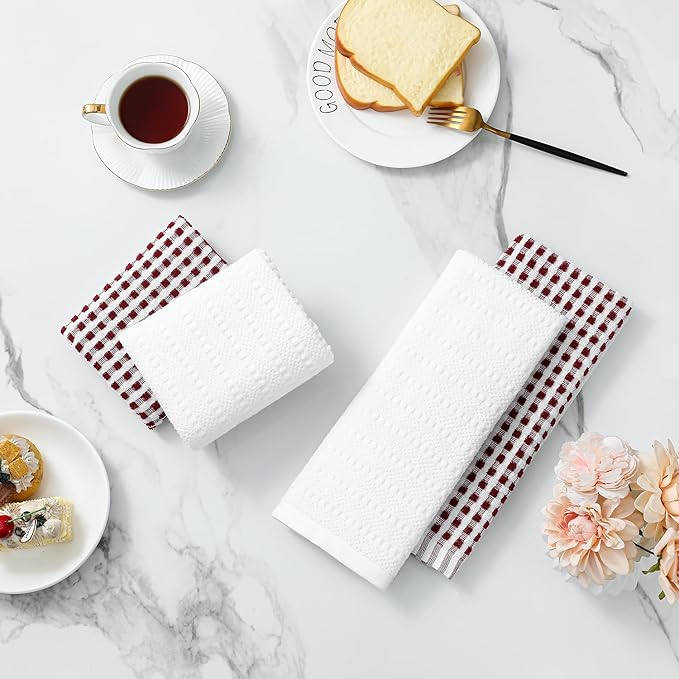 SALAS Cotton Dish Towels Cloths for Kitchen Drying Dishes, Lattice Terry Kitchen Towels, Absorbent Cloths with Hanging Loop, 16‘’ x 26‘’, 4 Packs, Wine Red and White