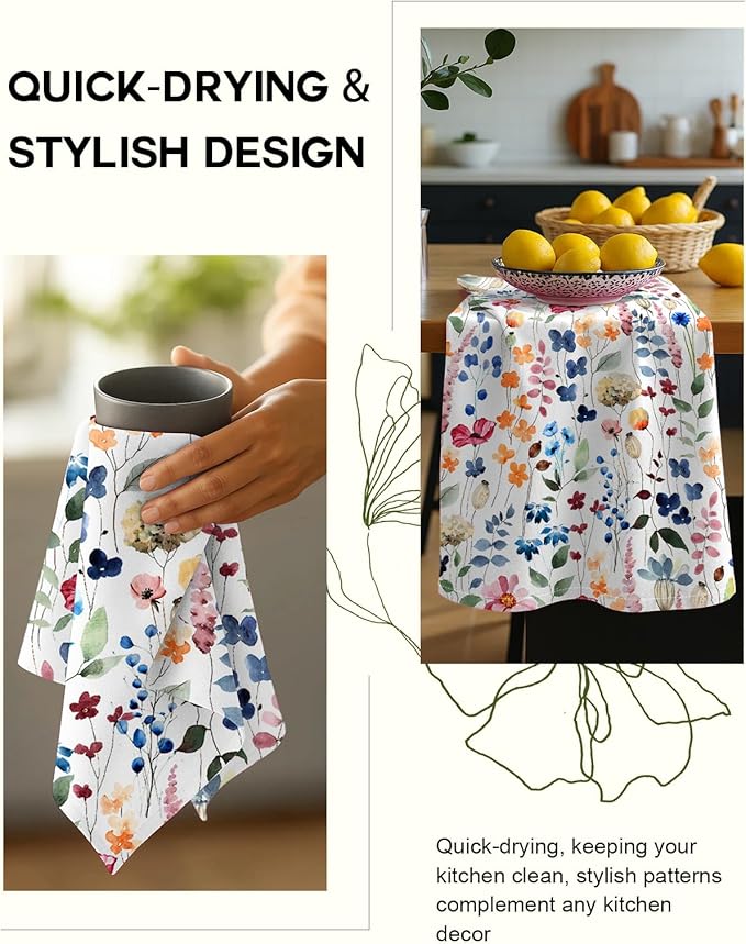 Miss Adola Flour Sack Kitchen Towels Set of 2-18x26 Cotton Dish Towels with Hanging Loop Reusable Tea Towel for Cleaning Spring Absorbent Dishcloths Cute Home Decor Housewarming, Watercolor Flower