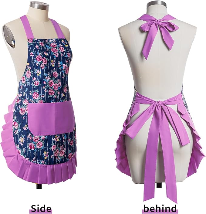 Vintage Floral Apron for Women with Functional Pockets Adjustable Neck Strap for Cooking Baking Mother's Gift