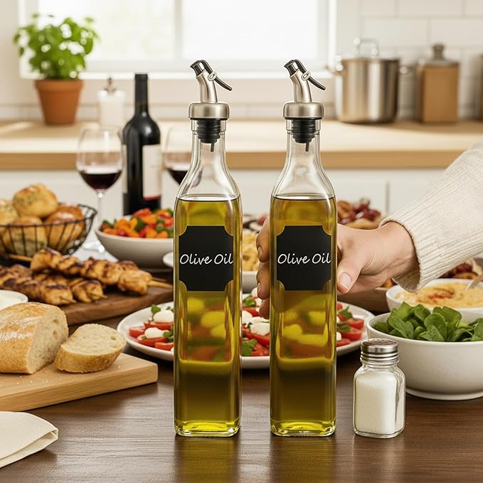 WERTIOO Olive Oil Dispenser Bottle, 2 Pack 17oz Oil and Vinegar Dispenser Set Clear Oil Bottles Container for Kitchen with 4 Spout, Funnel & Pen and Labels