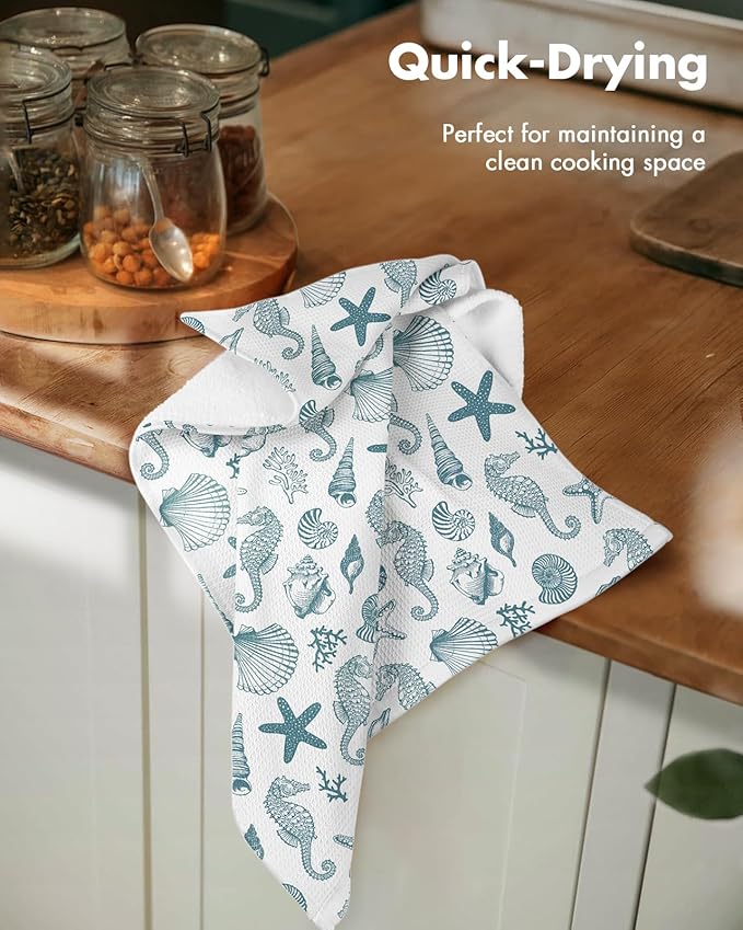 Miss Adola 2pcs Waffle Kitchen Towels - 16x26 Inch Cotton Waffle Weave Dish Cloths Set of 2 with Hanging Loop Absorbent Hand Tea Towels Coastal Design for Housewarming Gift, Nautical