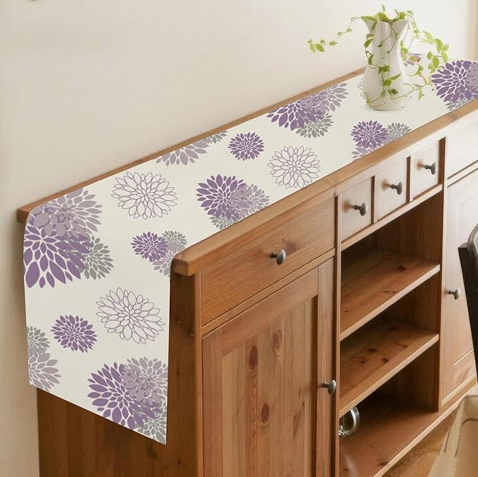 Purple Dahlia Table Runner Modern Elegant Flower Beige Table Runners Geometric Pompon Farmhouse Coffee Table Center Decor for Home Kitchen Dining Party Indoor Outdoor (13x72 Inch)