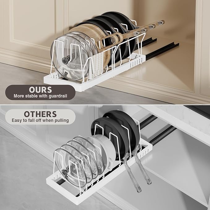 Magheo Pots and Pans Organizer Under Cabinet, 22" Deep Expandable Pull Out Pot Lid Organizer and Storage with 10 Adjustable Dividers No Drill Pot and Pan Holder Rack with Handle Bracket(1 Pack,White)