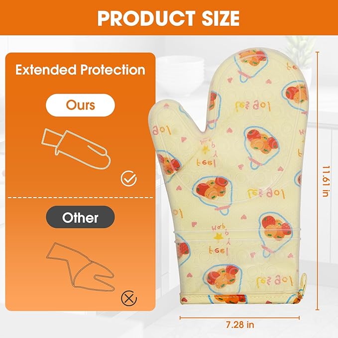 Silicone Oven Mitts Set Heat Resistant 2PCS Kitchen Mittens with Soft Cotton Lining Long Waterproof Non-Slip Oven Gloves for Cooking, BBQ, Baking-Fruit