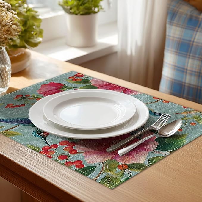 HOMETITUTE 12x18 Inch Placemats Set of 4 Linen Hummingbird Floral Spring Summer Washable Table Mats Place Mats Decorative Farmhouse Autumn Placemats Set Kitchen Dining Table Decor