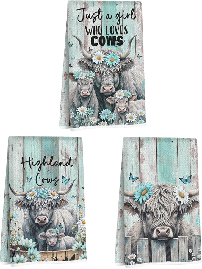 3 Pcs Cattle Kitchen Towels, Cow Vintage Themed Dish Towel Bathroom Decorative Rustic Cloths for Kitchen Bathroom Home Cooking Housewarming Gifts, Cow Gifts for Women Mom