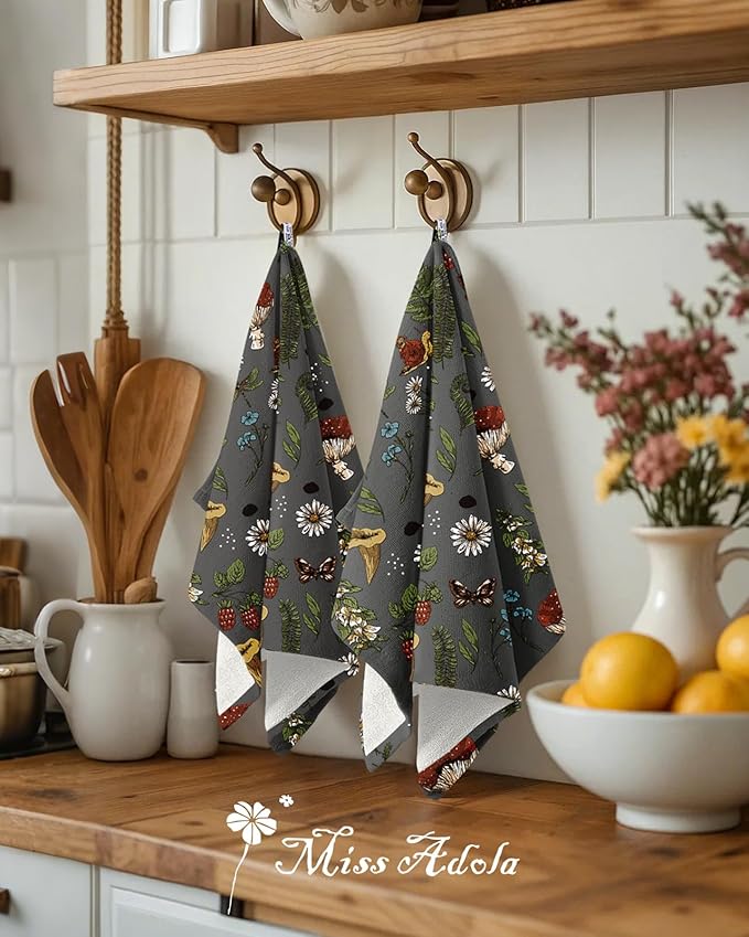 Miss Adola Cotton Kitchen Towels Set of 2 - Cute Design 16×26 Inch Dish Towels for Kitchen with Hanging Loop Mushroom Quick Dry Hand Towels Soft & Absorbent, Home Decorative, Terry Cloth Tea Towels