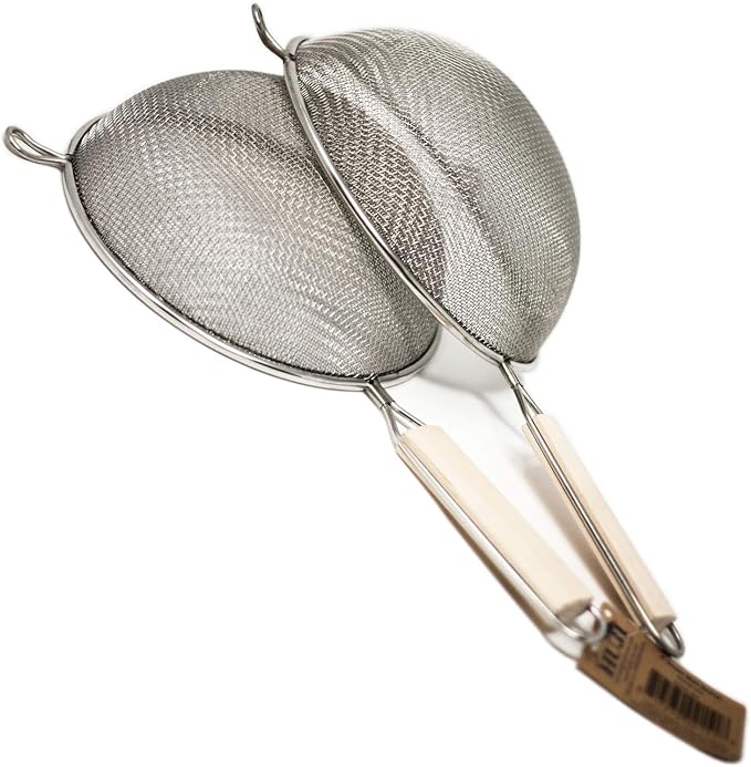 Huji Stainless Steel Fine 8" Double Mesh Food Strainer Colander Sieve Sifter with Wooden Handle for Kitchen Rice Pasta Noodles (2 Pack)