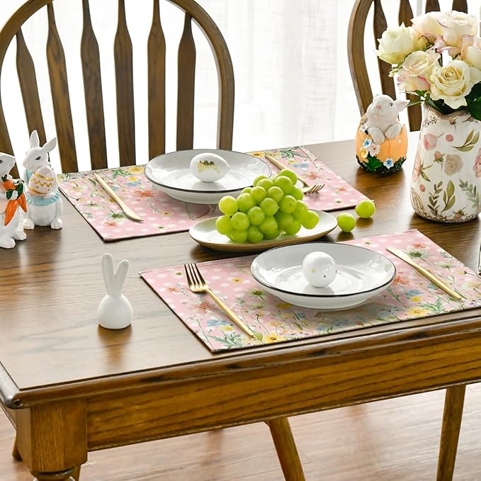 Artoid Mode Pink Bunny Polka Dot Easter Placemats Set of 4, 12x18 Inch Flower Seasonal Spring Holiday Table Mats for Party Kitchen Dining Decoration