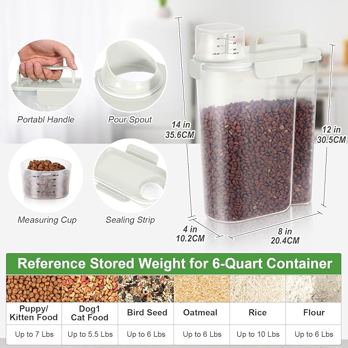 TBMax Airtight Rice Container 10 Lbs, Cereal Dispenser, Pet Cat Dog Food Storage Container, Plastic Kitchen Pantry Food Storage Holder with Cup -Beige