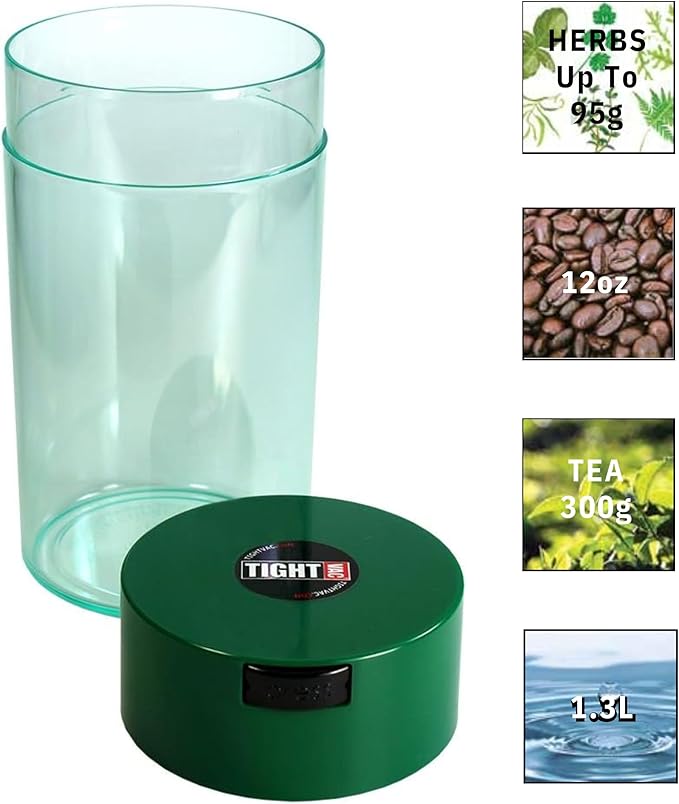 Tightvac 3 to 12 Oz - Patented Airtight Container | Multi-use Vacuum Container Works as Smell Proof Containers for Herbs and Dry Goods. Green Clear