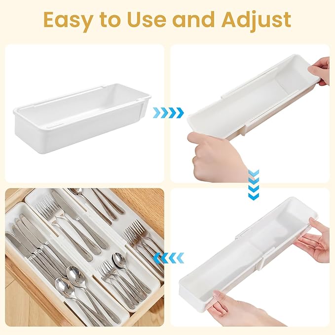 Drawer Organizers Set | 4-Pack Expandable Drawer Dividers for Bedroom, Bathroom, Kitchen & Office | Plastic Drawer Trays with Adjustable Length (White)
