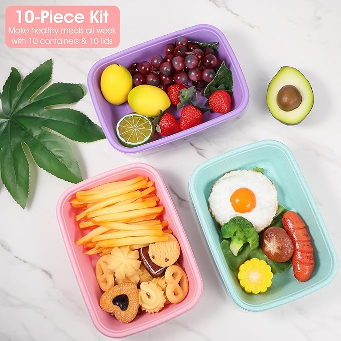MAQUITA 10PCS Meal Prep Containers 1-Compartment, Wheat Straw Microwave Bento Lunch Box with Lids, Reusable & Stackable Food Storage Containers, Dishwasher Freezer Safe BPA Free
