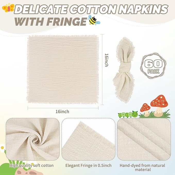 Showgeous 60 Pack Natural Cloth Napkins with Fringe 16x16 inch 100% Cotton Napkins Handmade Dinner Napkins Bulk Washable Soft Rustic Table Napkins for Wedding Parties Bridal Baby Shower