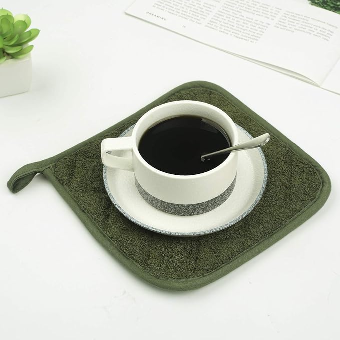 Pot Holders for Kitchen, 100% Cotton Terry Pot Holder Set of 5, Heat Resistant Hot Pads for Cooking, Baking, Hot Dishes and Countertop Protection, Olive Green