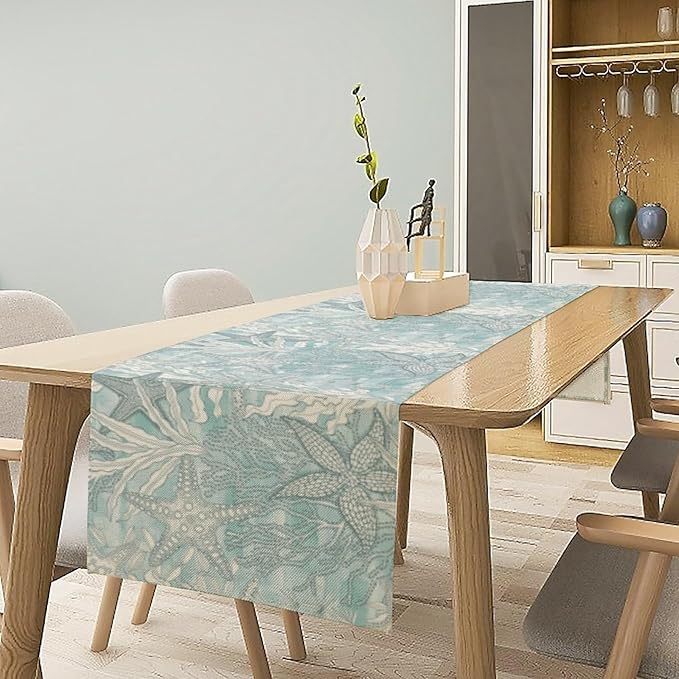 Nautical Table Runner Beach Sea Starfish Coral Art Printed Runner for Home Kitchen Dining Table Living Room Decor Fabric 1 Panel W13xL120in