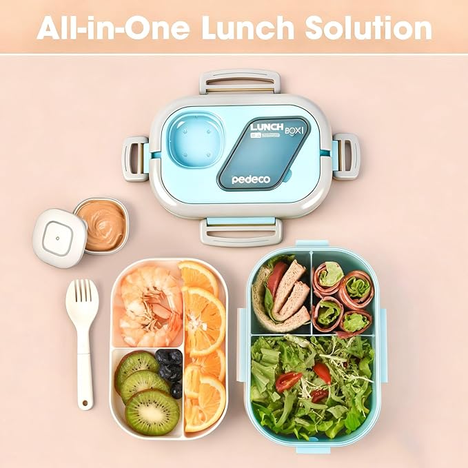 PEDECO Lunch Containers Bento Box Set for Adults & Kids with Insulated Bag, Leakproof 3-Compartment and 2-Tier Stackable Container with Portable Sauce Pod, Microwave/Dishwasher Safe, BPA-Free (Blue)