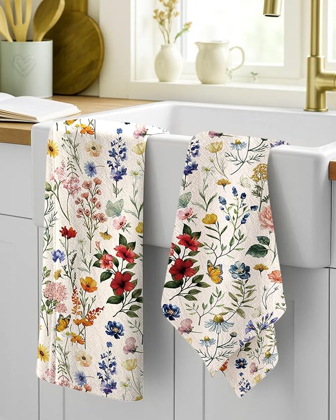 Miss Adola Flour Sack Kitchen Towels - Set of 2 Spring Dish Towels with Hanging Loop 18x26 Inch Absorbent Reusable Cotton Cloths for Cleaning Cute Design Home Decorative Housewarming, Vintage Flower