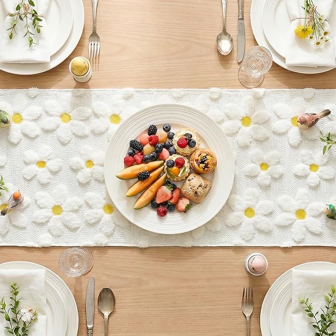 Artoid Mode White Soft Plush Faux Fur Jacquard Embroidery Daisy Spring Table Runner, Kitchen Dining Table Decoration for Home Party Decor 13x48 Inch
