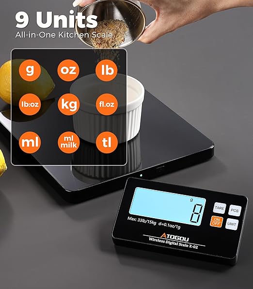 Atogou Upgraded Wireless Food Scale, 33lb/15kg Kitchen Scale with Detachable Display & Larger Platform, 0.1oz/1g, 9 Units, Counting Function, Stainless Steel, for Cooking, Baking, Shipping, Black