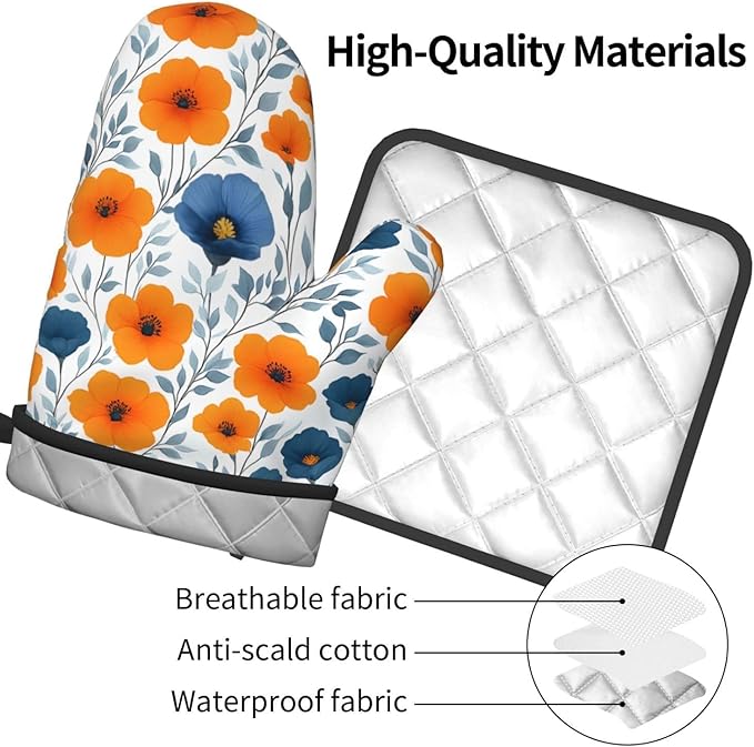 Spring Orange Blue Floral Oven Mitts and Pot Holders Sets of 3, Heat Resistant Non-Slip Burnt Orange Navy Flowers Kitchen Gloves Hot Pads for Cooking BBQ Grilling, Chef Baking Gifts for Women Baker