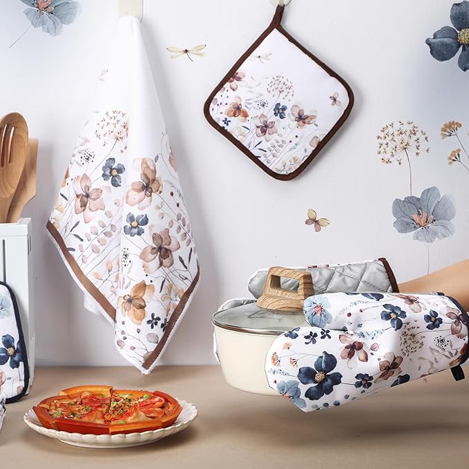 Teenyyou 6 Pcs Spring Brown Poppy Floral Kitchen Towels Oven Mitts and Pot Holder Sets Farmhouse Summer Wildflower Decoration for Home Cleaning Daily Kitchen Cooking Baking Grilling Gifts for Mother