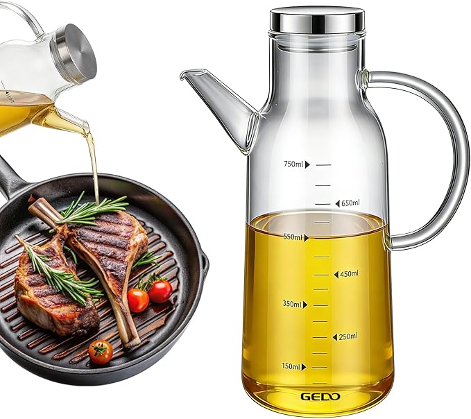 GEDO Borosilicate Glass Oil Dispenser, Eagle Beak Drip-Free Spout with Airtight Stainless Steel Lid, Measurement Markings & Ergonomic Handle, Multi-Purpose for Kitchen & Outdoor Picnic (0.79QT/750ml)