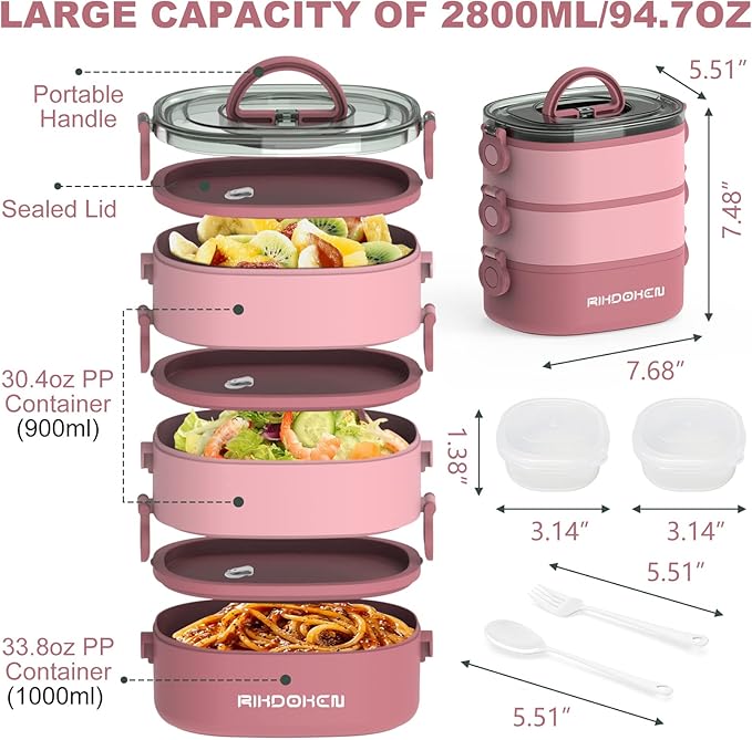 RIKDOKEN Lunch Box, Stackable 3 Layers Containers, Portable 94OZ Large Capacity Leakproof Bento Box with Spoon & Fork & Sauce Boxes, Microwave Safe Lunch Box for Kids and Adults