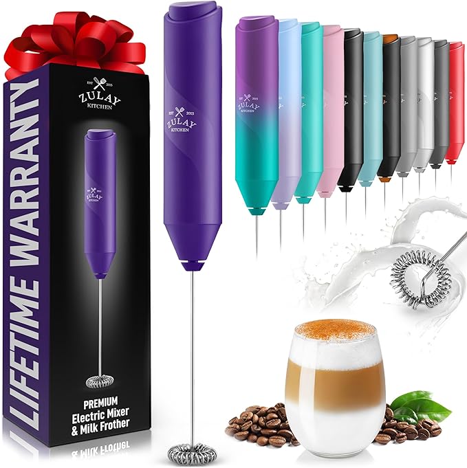 Zulay Kitchen Milk Frother Handheld Battery Operated – Electric Drink Mixer for Coffee, Lattes, Cappuccinos, Matcha & Hot Chocolate – Portable Foam Maker & Coffee Bar Accessory - Blackberry Purple