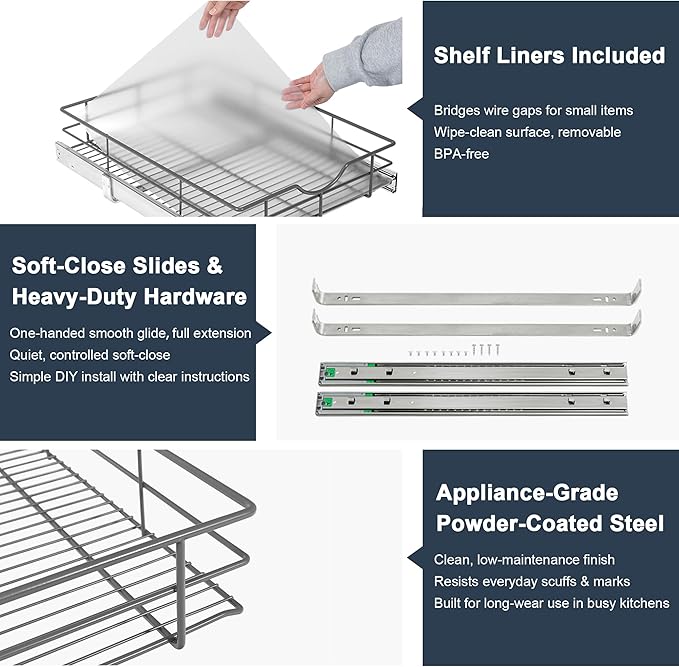 Pull Out Shelves - 8" W x 22" D Soft Close Pull Out Cabinet Organizer 1 Tier - Sliding Shelves with Shelf Liner - Heavy Duty Steel Wire Drawers for Kitchen Cabinets, Pantry, Bathroom