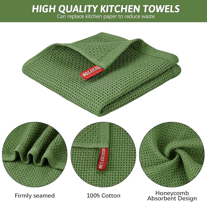 Nialnant 100% Cotton Dish Cloths for Washing Dishes, 4 Pack Waffle Weave Dish Towels,Super Soft Absorbent Cleaning Rags-Green,12x12 Inch