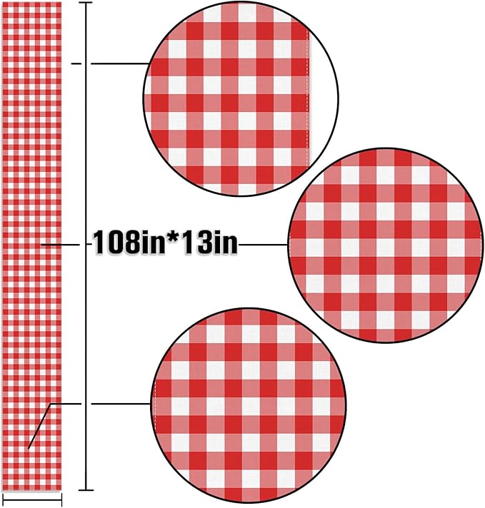 Italian Red and White Gingham Table Runner Checkered Baby Shower Party Decoration Christmas BBQ Picnic Home Kitchen Island Decor (Red, 13" x 108")