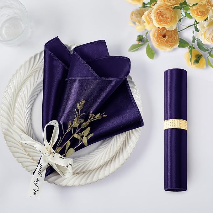 KKJIAF Purple Silky Satin Napkins (12 Pieces, 17x17 Inches),Washable Polyester Square Table Napkins for Wedding Dinner Party Decoration