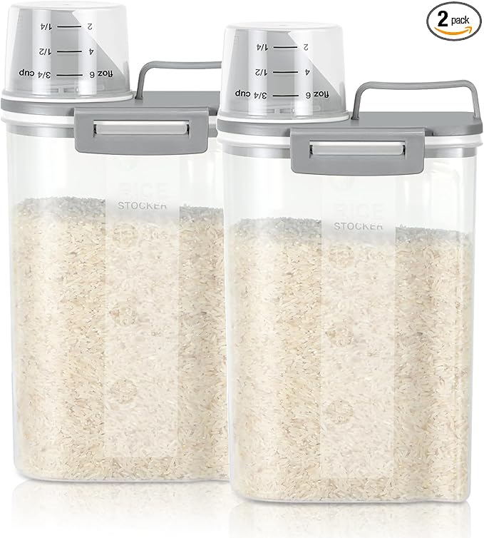 TBMax Rice Storage Container 2 Pack, Plastic Kitchen Pantry Food Storage Container with Cup, Small Pet Dog Cat Food Container Dispenser-Grey