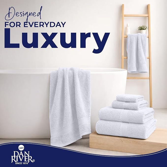 DAN RIVER 8 PC Luxury Bath Towels for Bathroom, 2 Bath, 2 Hand, and 4 Wash Cloths, 600 GSM 100% Ring Spun Cotton Towel Set, Highly Absorbent, Gym, Hotel, and Spa, White