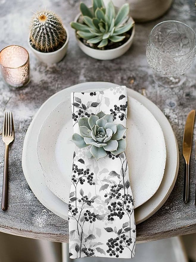 Black Grey Cloth Napkins Set of 6 - Washable Dinner Napkins Reusable Table Napkins for Home Party Weeding Dining Table Setting Decoration,Oversized 20"x20" Spring Modern Herb Wildflower Floral Plant