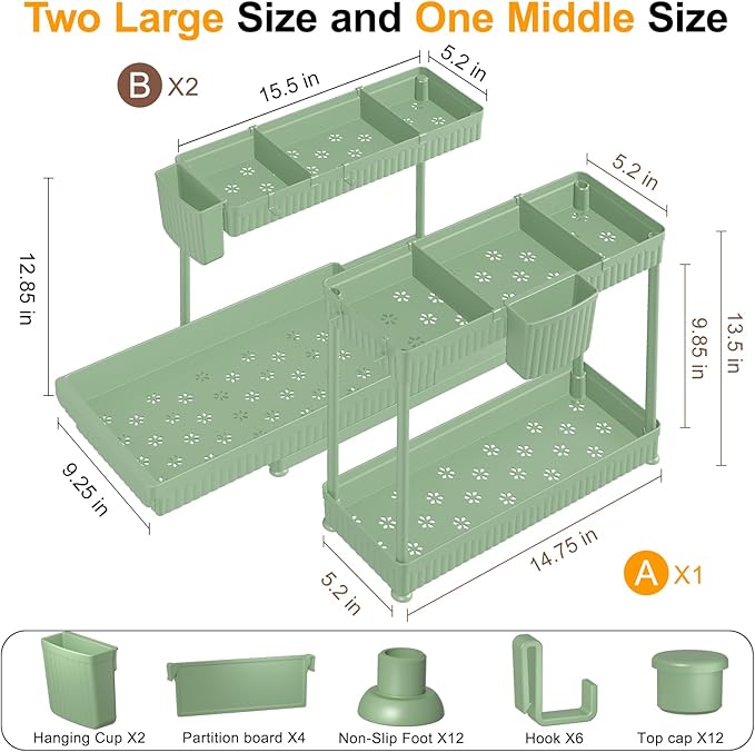 Sevenblue 3 Pack Multi-Purpose Under Sink Organizers and Storage, 2026 L-Shaped Pull Out Cabinet Organizer for Bathroom & Kitchen, Under Cabinet Organizer with Hooks Hanging Cup (Green, 12.85 inch)