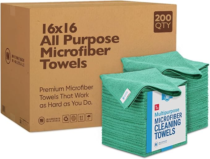 Bulk 16" x 16" All Purpose Microfiber Towels Wholesale - Case Quantity (200 Count) | Large | No Fraying | High Density Microfiber | Zero Chemical Cleaner | Long-Lasting (Green)