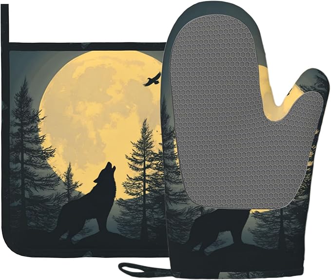 Black Wolf Howling at The Moon Oven Mitt and Pot Holder with Silicone Heat Resistant Kitchen for Cooking BBQ Baking Grilling Cooking Protection