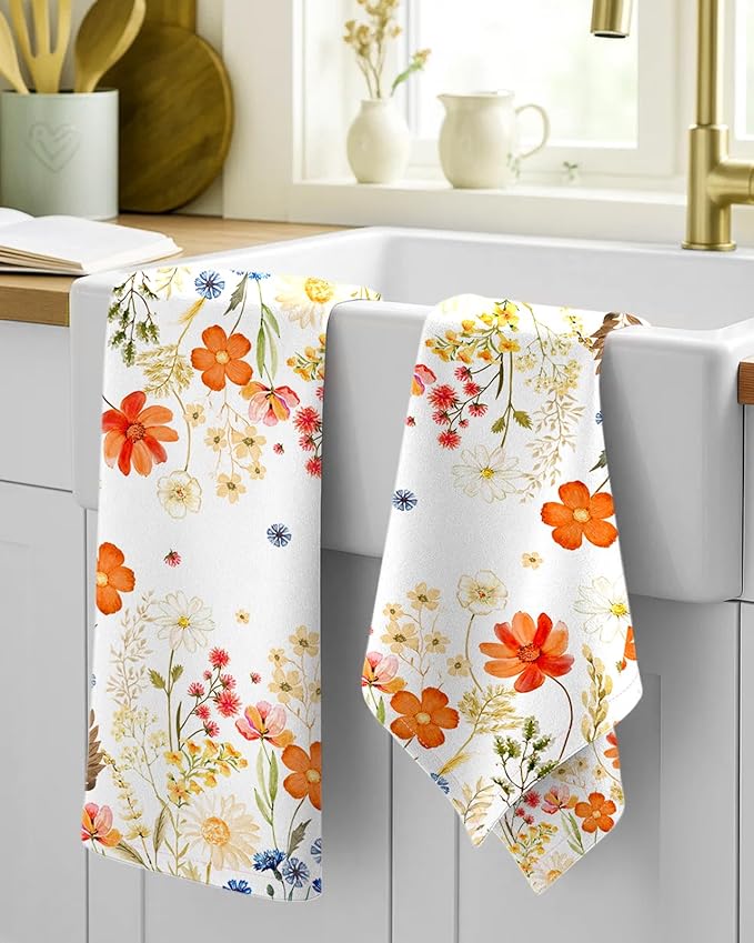 Miss Adola Flour Sack Kitchen Towels Set of 2-18x26 Cotton Dish Towels with Hanging Loop Reusable Tea Towel for Cleaning Spring Absorbent Dishcloths Cute Home Decor Housewarming, Red Flower