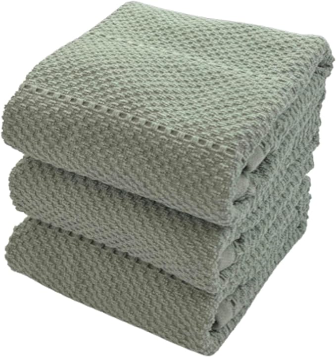 Serafina Home Sage Green Kitchen Dish Towels: 100% Cotton Cloth Soft Cleaning Drying Absorbent Textured Terry Loop, Set of 3 Multipurpose for Everyday Use
