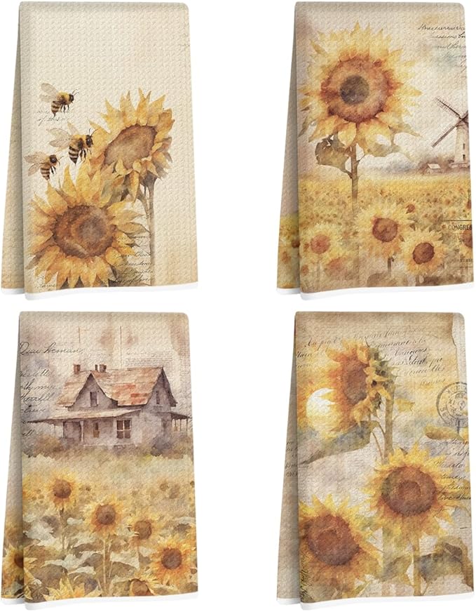 4 Pcs Vintage Sunflower Kitchen Towels, Watercolor Decorative Absorbent Microfiber Dish Cloth Tea Towel, Rustic Waffle Soft Hand Towels for Farmhouse Home Bathroom, Sunflower Gifts