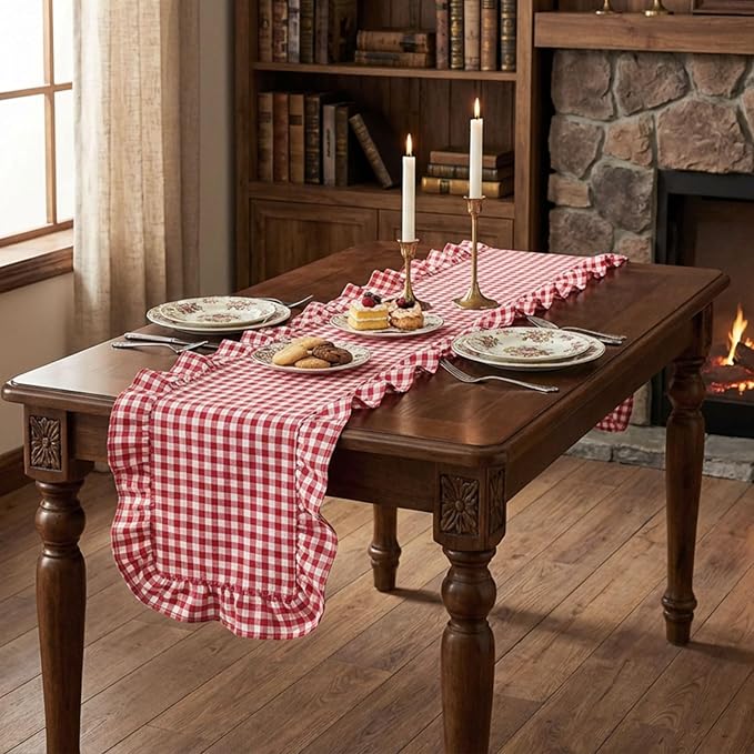 HunnmingRe 1 Pcs Red Plaid Gingham Ruffle Table Runner 118 x 13.8'' Farmhouse Table Runner 100% Cotton Scalloped Long Dresser Scarves for Dining Room, Wedding, Kitchen Rustic Home Decor