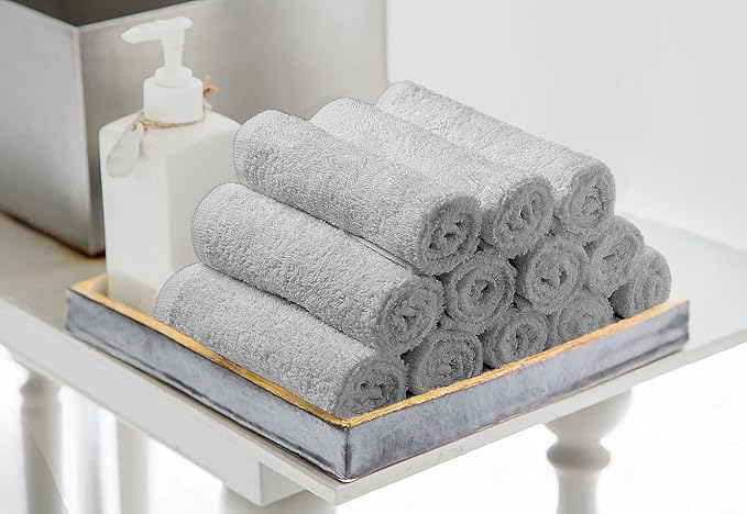 Avalon Towels Cotton Washcloths 24-Pack – 12 x 12 Inch Silver Super Soft & Absorbent Ring-Spun Cotton Wash Cloths for Face, Bath, Spa, Gym, Hotel & Cleaning