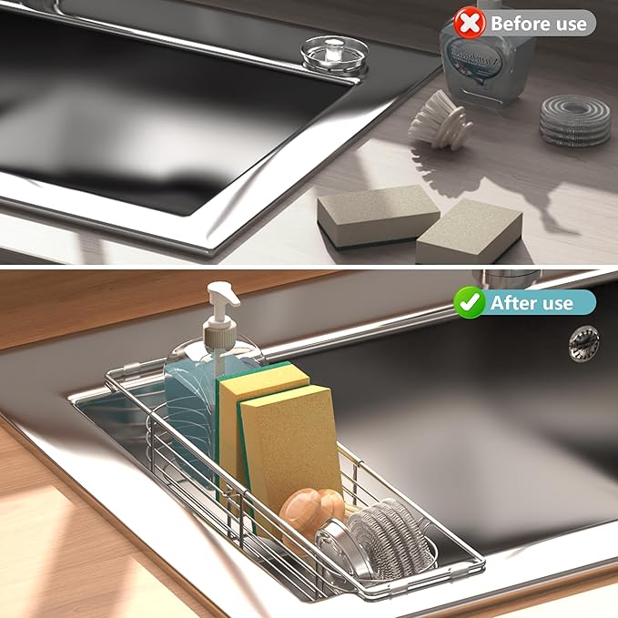 Sink Caddy Sponge Holder Kitchen Sink Organizer, Telescopic sink organizer rack for kitchen Expandable 13.4" to 17.1", Stainless Steel